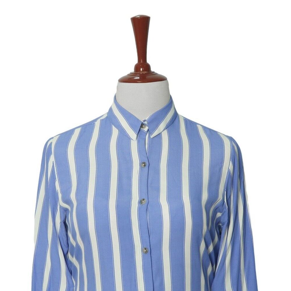 Womens Silky Shirt Button Up Blue White Striped Summer Lightweight Tunic Medium - Picture 3 of 7